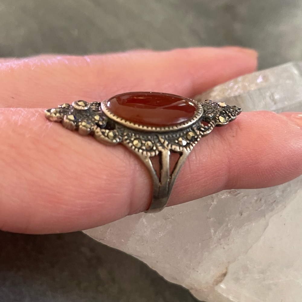 SOLD Carnelian Marcasite Sterling Ring 5.5 - Picture 6 of 9